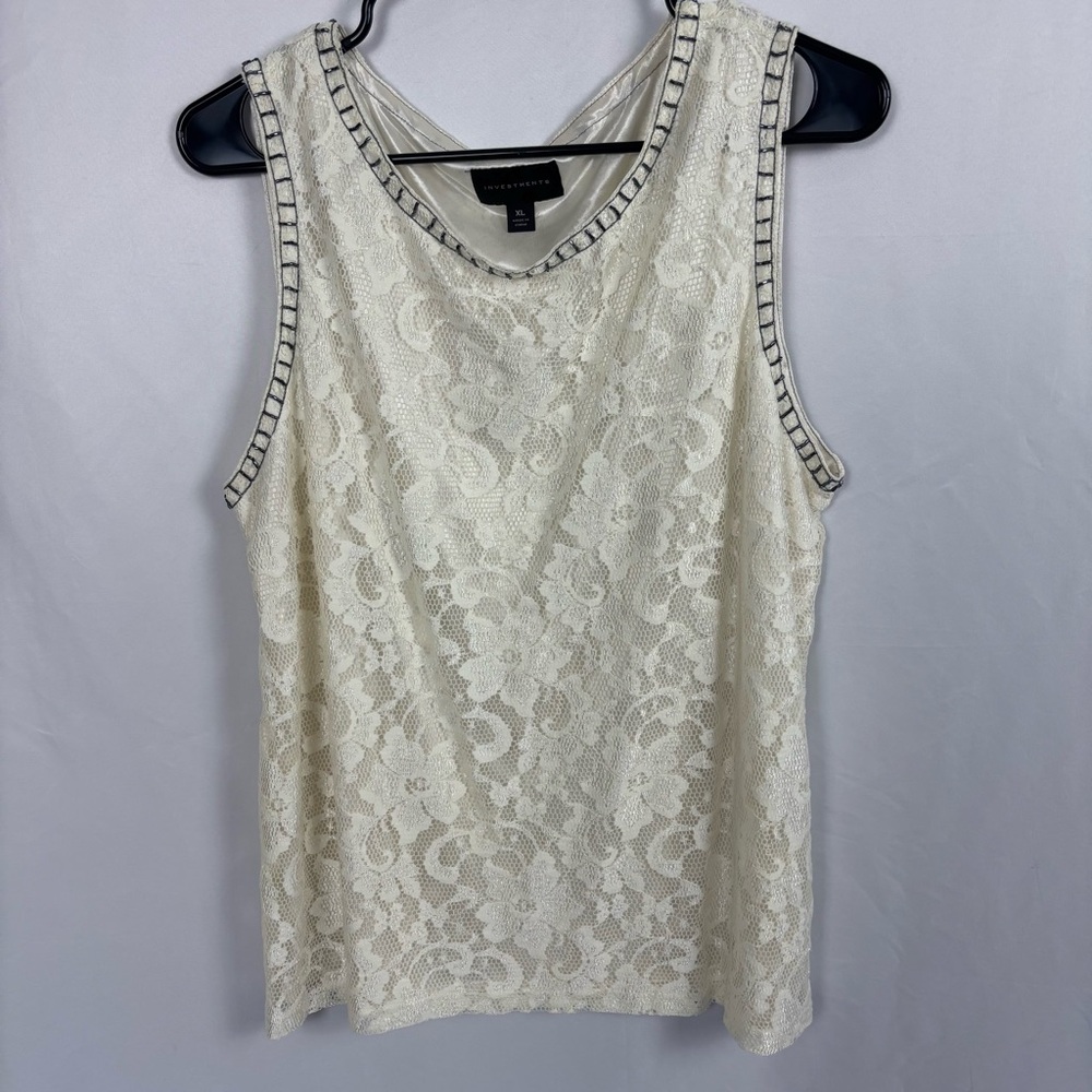 Investments Cream Lace Sleeveless Blouse with Trim